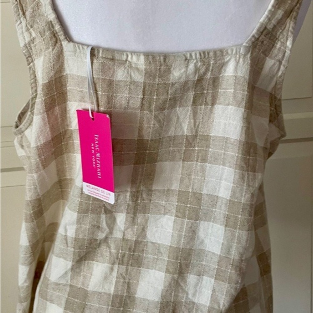 Isaac Mizrahi New linen top check neutral Relaxed‎ Summer blouse Large Tan White - Picture 5 of 9